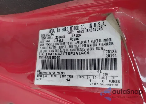 1995 Ford Mustang Gt/Gts from USA, damaged, VIN 1FALP42T7SF141404